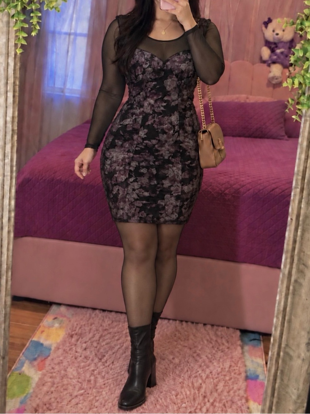 Sheer Sleeve Floral Bodycon Dress - Black & Purple